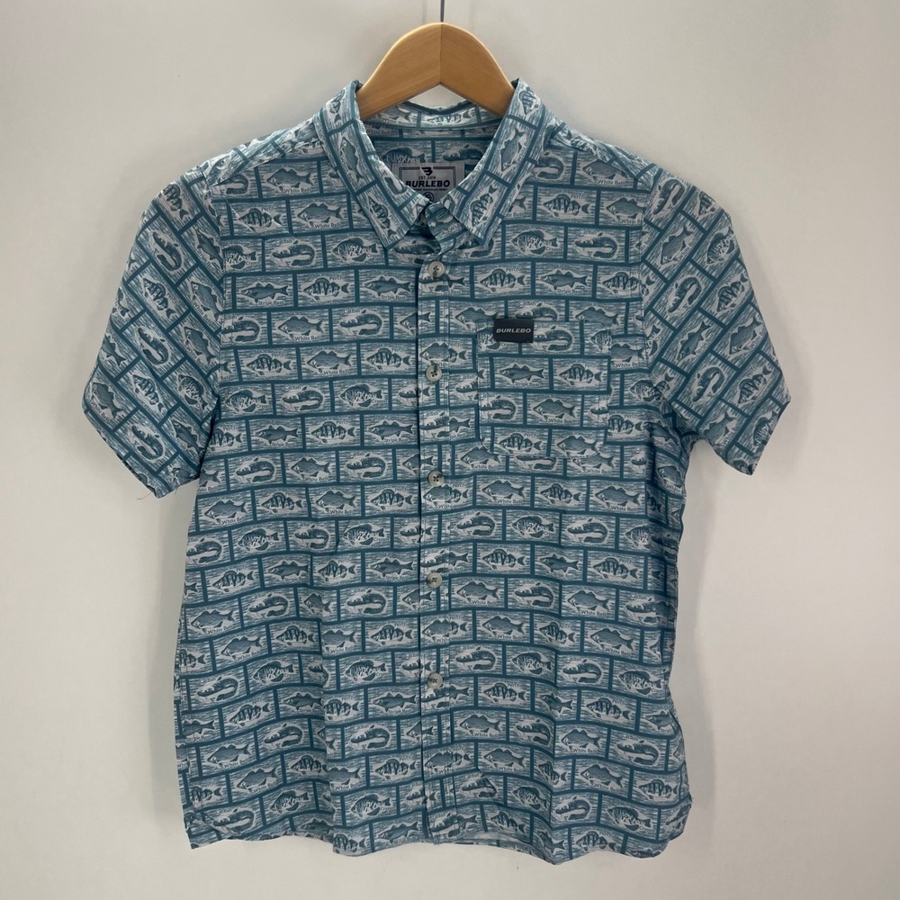 Burlebo Kids XL Fish Print Short Sleeve Button Down Shirt Blue White Fishing